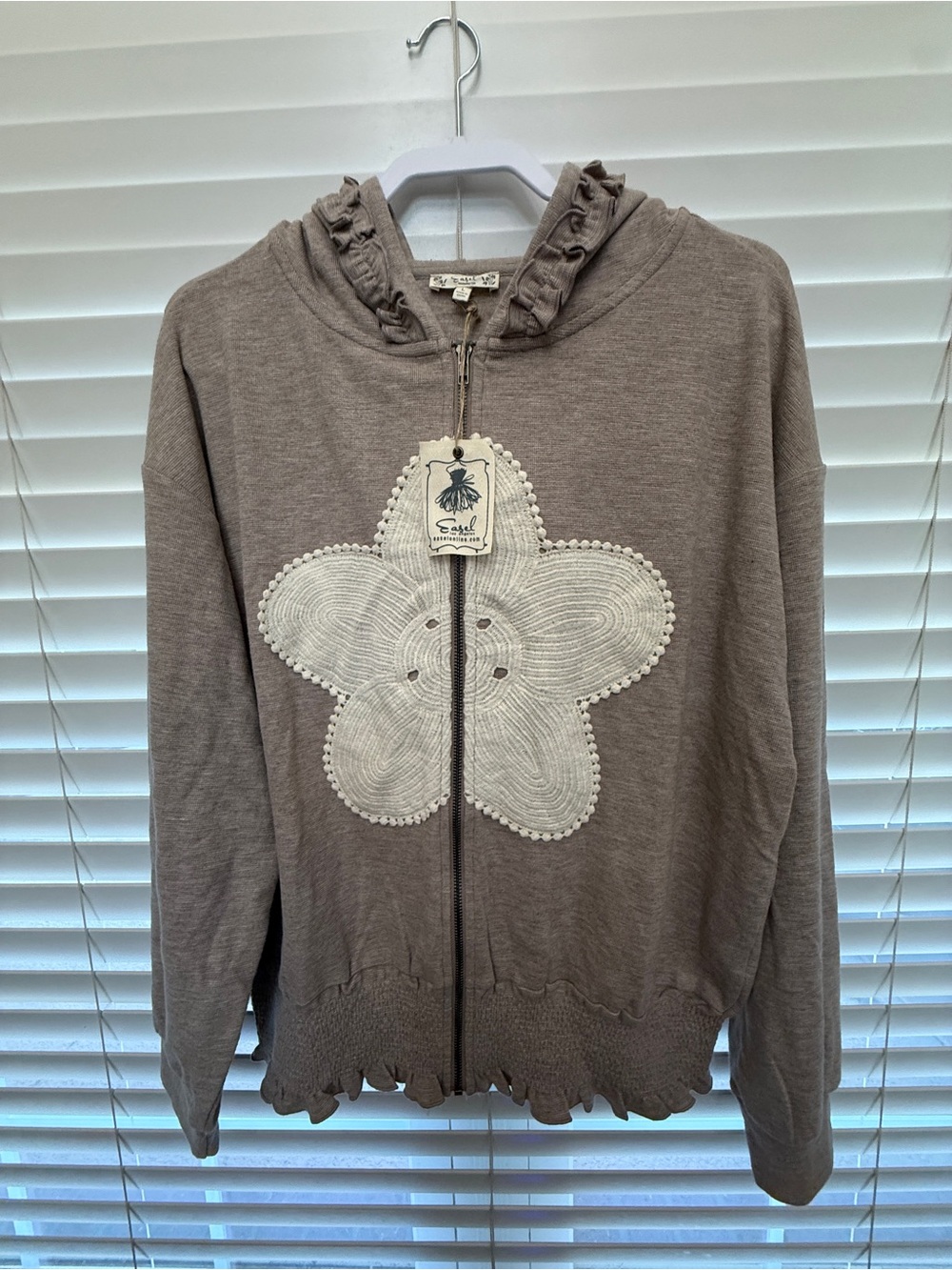 easel Adorable Taupe Zip-Up Ruffled Hooded Jacket with Ivory Floral Applique